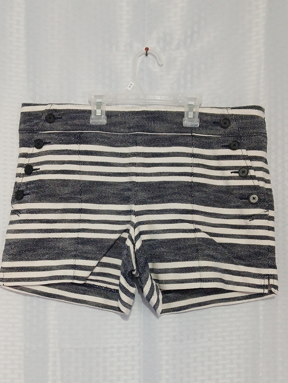 LOFT Navy and White Striped High-Waist Button-Trim Shorts